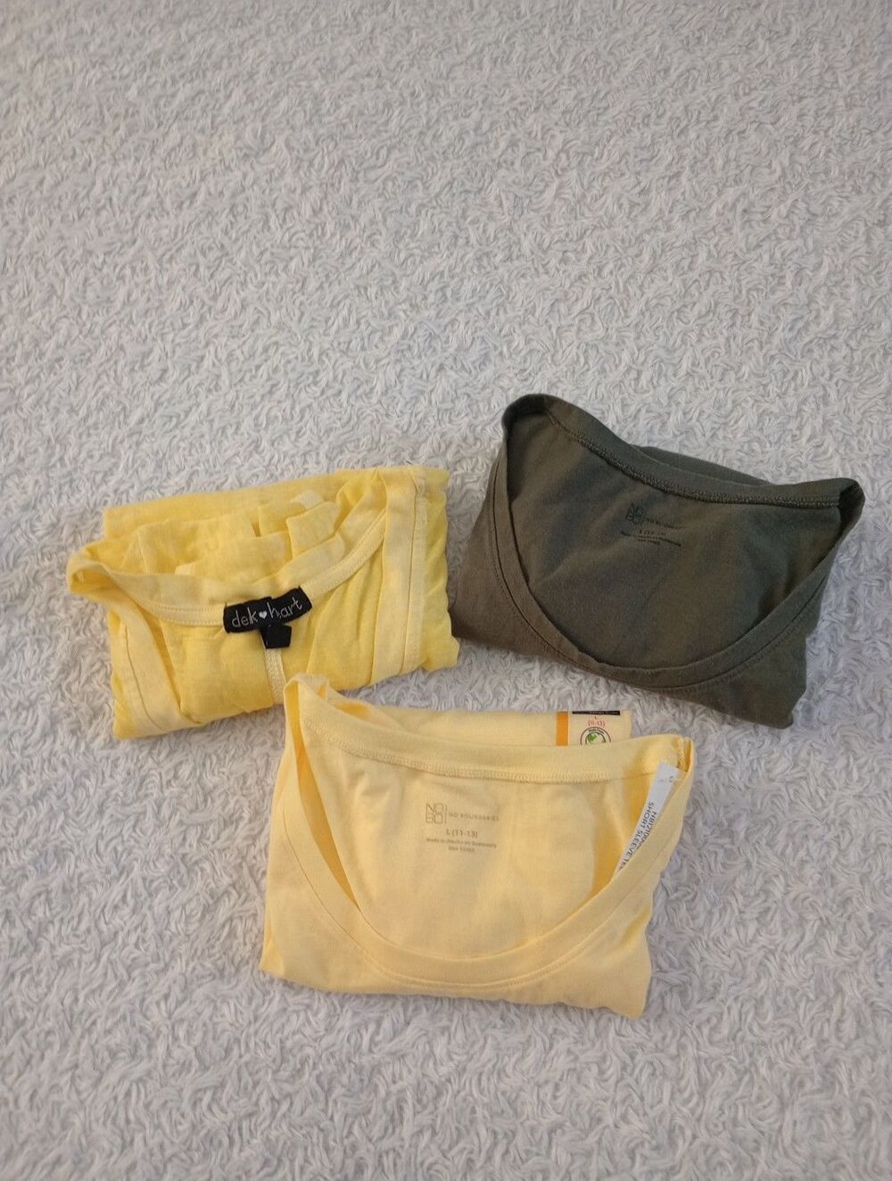 Lot of 3 Women’s T-Shirts: No Boundaries (L) & Derek Heart (M)  Yellow & Olive